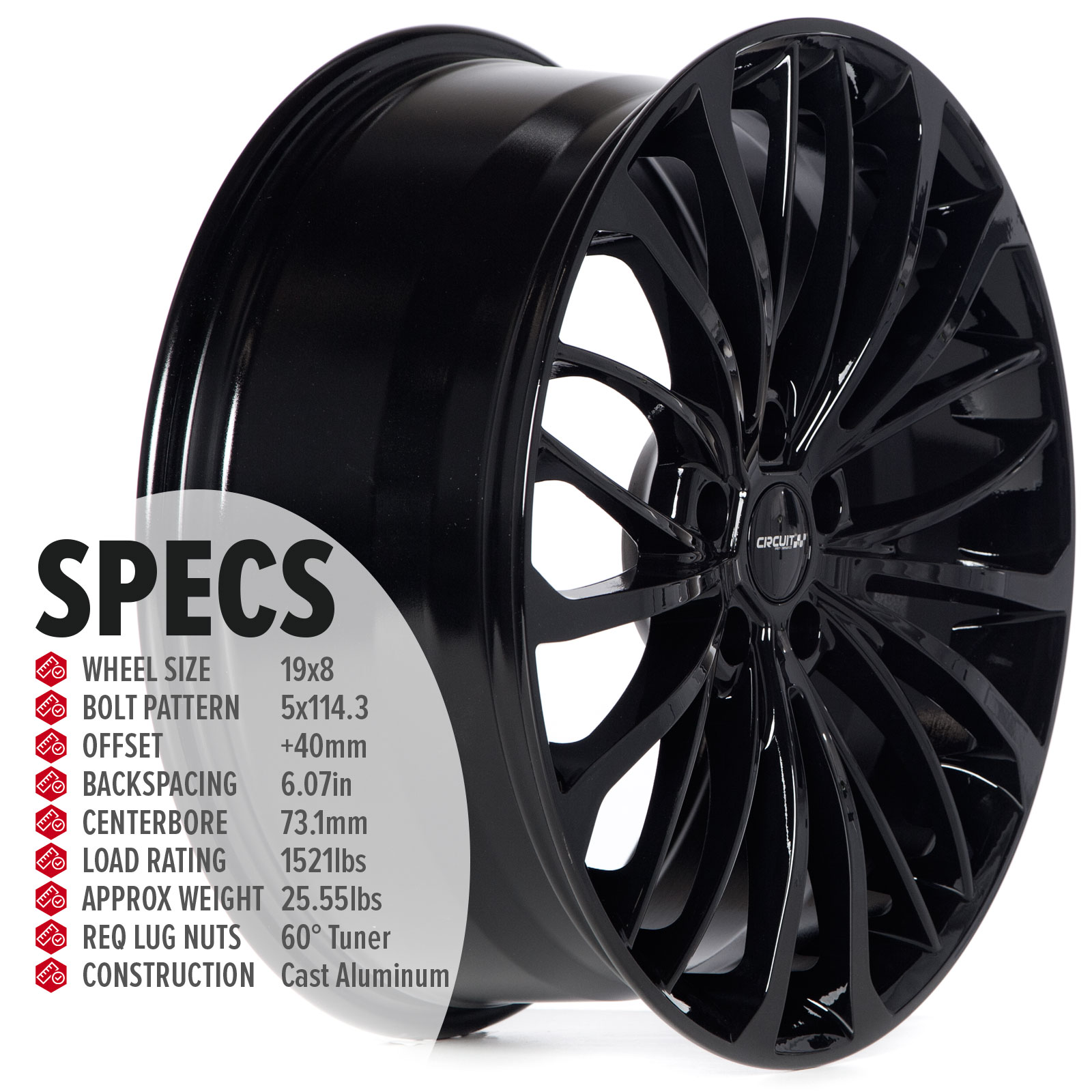 CP36 19×8 Full Gloss Black 5×114.3 [+40mm] - Circuit Performance